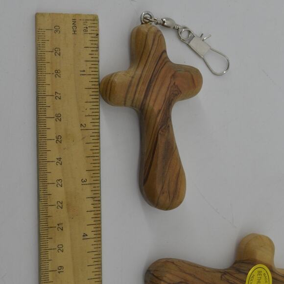 Lot of 2 Crosses Fishing Hooks Hand Carved 3.5" Natural Wood - Picture 5 of 7